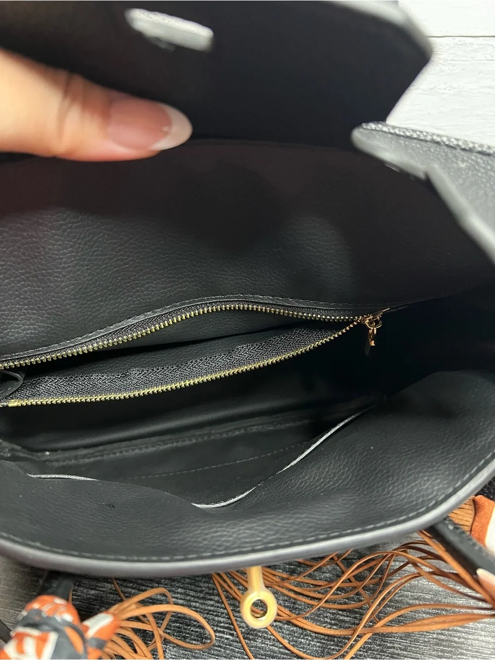 Black Leather Satchel with Orange Fringe and Twill-Handle Wrap